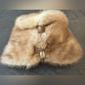 Vintage Yvette Brillon Couture Fur Hat brown beige bead embellished satin 21"